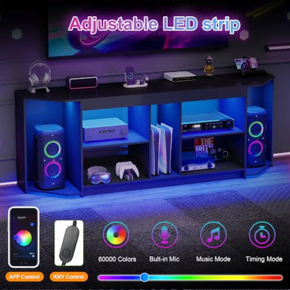 Modern TV Stand with LED Lights & Power Outlets for 75 inch TVs, Gaming Entertainment Center for PS5 Xbox, Media Consoles for Bedroom, Living Room, Black