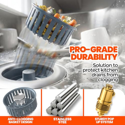3 in 1 Kitchen Sink Drain Strainer Stopper Basket Pop Up Silver | Kitchen Sink Accessories Strainer Basket 2 Pack Silver,Stainless Steel Anti-Clog Catcher, Odor-Blocking Seal Fits 3.5" Drain