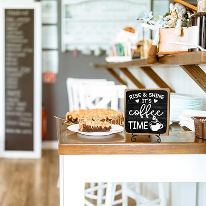 Farmhouse Coffee Bar Sign, Rise & Shine It's Coffee Time | 5"x5" Wood Plaque with Stand Gift for Home Kitchen Tabletop Decor | B09