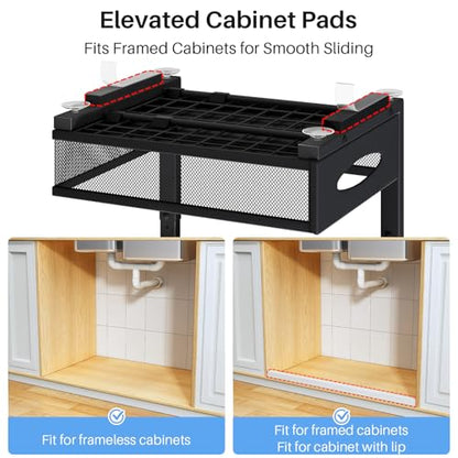 Under Sink Organizer, 2 Pack 2 Tier Pull Out Under Cabinet Organizer Shelf with Pad for Framed Cabinets, Metal Slide Out Under Sink Storage, Mesh Sliding Drawers for Kitchen Bathroom Laundry, Black