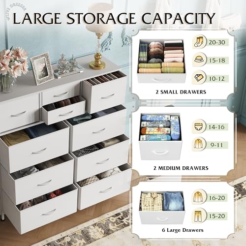 WLIVE 10 Drawer White Fabric Dresser for Bedroom, Side Pockets Chest | White Fabric chest of drawers with side pockets & hooks, perfect baby dresser for nursery kids bedroom toddler closet storage
