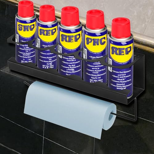 Cedilis 2 Pack Aerosol Spray Can Holder Rack with Paper Towel Holder, Wall Mounted Steel Spray Bottle Organizer, Black Spray Paint Can Holder for Garage and Workspace, Mounting Accessories Included