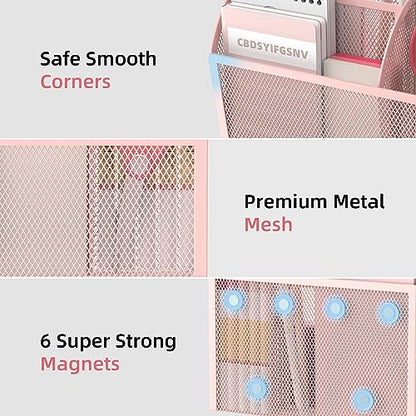 DALTACK 3-Grid Magnetic Pencil Holder, Strong Magnet Locker Organizer, Pink | Mesh Magnetic Shelf, Marker Holder Perfect for Whiteboard, Refrigerator and Locker Accessories