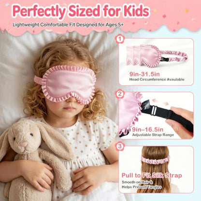 Kids Silk Sleep Mask, 22 Momme 100% Mulberry Silk Eye Mask for Sleeping with Storage Bag, Adjustable Strap Blackout Eye Cover, Cute Ruffle Soft No Pressure Eye Shade for Boys Girls Ages 5+ (Pink)