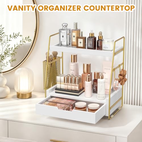 2-Tier Bathroom Counter Organizer with Drawer, Wood Counter Storage Shelf | Bathroom Vanity Organizer Countertop for Makeup, Skincare, Perfume, with Removable Basket, 13.4" x 7.9" x 14.5", White Gold
