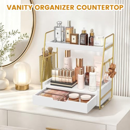 2-Tier Bathroom Counter Organizer with Drawer, Wood Counter Storage Shelf | Bathroom Vanity Organizer Countertop for Makeup, Skincare, Perfume, with Removable Basket, 13.4" x 7.9" x 14.5", White Gold