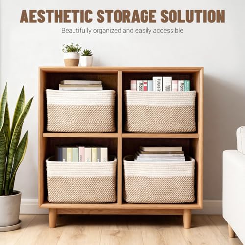 5 Pack Woven Storage Baskets, Decorative Storage Bins for Organizing | 13.8'' × 9.8'' × 7.9'', Cotton Rope Basket Organizer for Closet, Shelves, bathroom, Nursery, Toys, Books, Pantry, Khaki/White