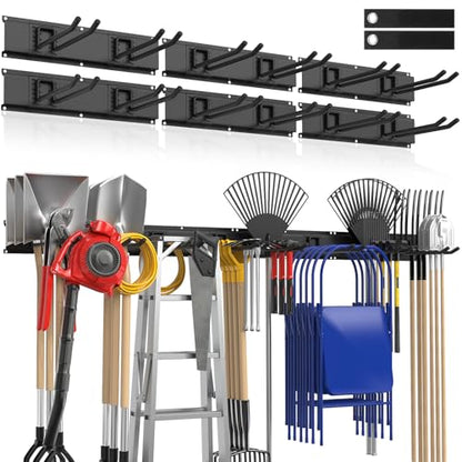 Housolution Garage Wall Organizer 96 Inch - 20Pack Carries 720 lbs | Garage Tool Storage System, 6 Rails with 12 Adjustable Metal Hooks, Garden Yard Shed Rack for Rake Broom Mop Snowboard