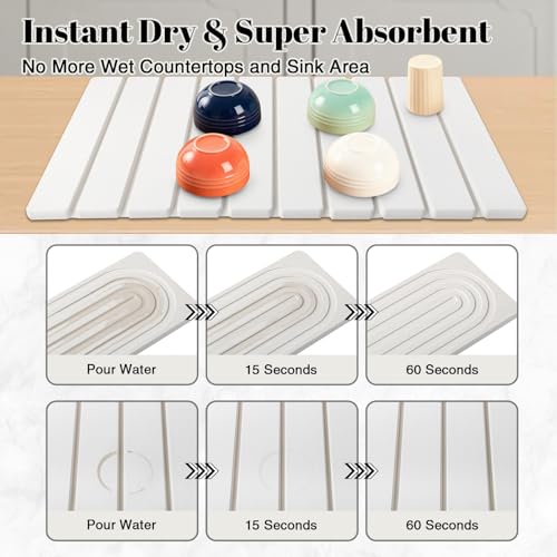 3PCS Set Large Stone Drying Mat for Kitchen Counter Foldable Collapsible Fast Drying Stone Dish Mat Water Absorbing Natural Diatomaceous Earth Bath Mat Quick Dry Stone Tray Bathroom Countertop, White