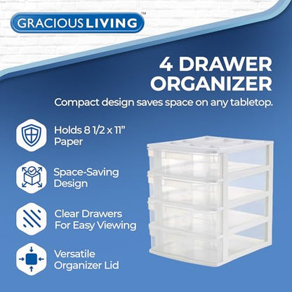 Gracious Living Drawer Organizer, 4-Tier Plastic Storage Desktop Drawers, White Frame - Stackable Clear Desk Containers & Organizers for Shelves, Bathroom, Closet, Kitchen Pantry & Office Organization