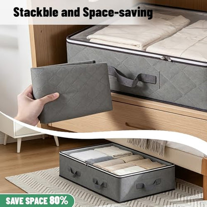 6 Pack Under Bed Storage Containers with Transparent Clear Window | Underbed Storage Bins with Reinforced Handles, Dual-Zipper for Clothes, Comforters, Blankets and Bedding, Gray