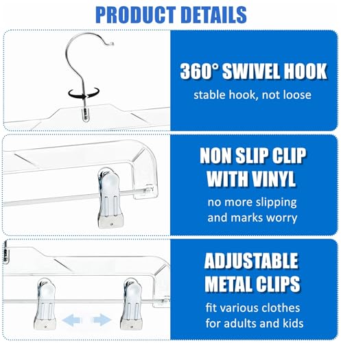 Amber Home 24 Pack Clear Plastic Pants Hangers with 2 Adjustable Clips | Non-Slip Skirt Hangers with 360 Degree Rotatable Hook, Crystal Clear Clothes Hangers for Jeans, Slacks & Shorts