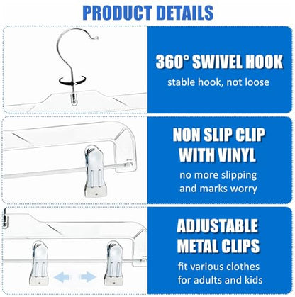 Amber Home 24 Pack Clear Plastic Pants Hangers with 2 Adjustable Clips | Non-Slip Skirt Hangers with 360 Degree Rotatable Hook, Crystal Clear Clothes Hangers for Jeans, Slacks & Shorts