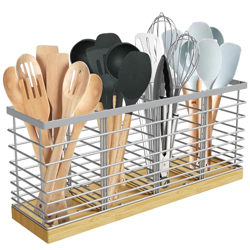 Extra Large Kitchen Utensil Holder Countertop with... (Silvery | Metal, Wood)