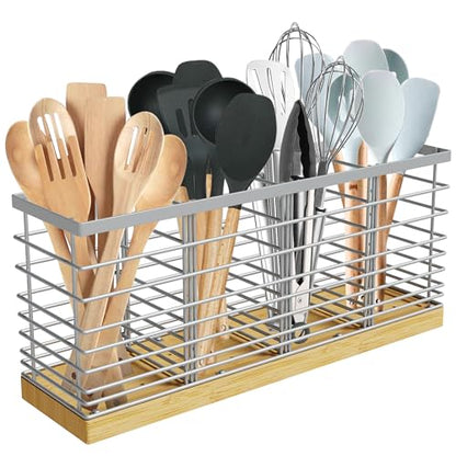 Extra Large Kitchen Utensil Holder Countertop with... (Silvery | Metal, Wood)