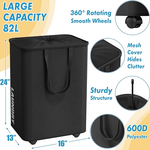 Simple Houseware Large 82L Laundry Basket with Wheels and Handles, Black | Collapsible Waterproof Hamper with Mesh Cover