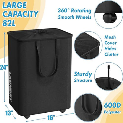 Simple Houseware Large 82L Laundry Basket with Wheels and Handles, Black | Collapsible Waterproof Hamper with Mesh Cover