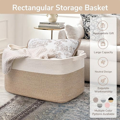 Goodpick Large Woven Rope Blanket Basket, Rectangle, White & Light Brown | 21.6" × 14.9" × 11.8" Storage Basket for Pillows & Toys Laundry, Nursery & Living Room Organization, Reinforced Handles