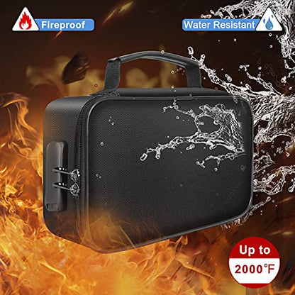 ENGPOW Small Fireproof Storage Organizer Case with Lock, 9”x 5.3”x 3.7” | Money Safe Wallet Carrying Bag with Multi-Pocket, Portable Home Travel for Cash,Card,Passport,Coin,Check,Bill,Soft Box,Black