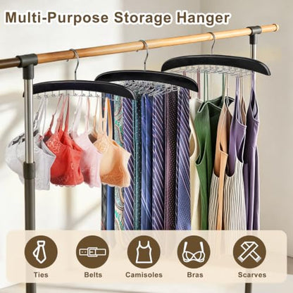 2 Pack Tie Rack Hanger, 24 Hooks Each, Space Saving Wooden Tie Organizer for Men, Holds Up to 24 Ties Belts Scarves, 360° Rotating Anti-Slip Rustproof Foldable Steel Hooks, No Wrinkles