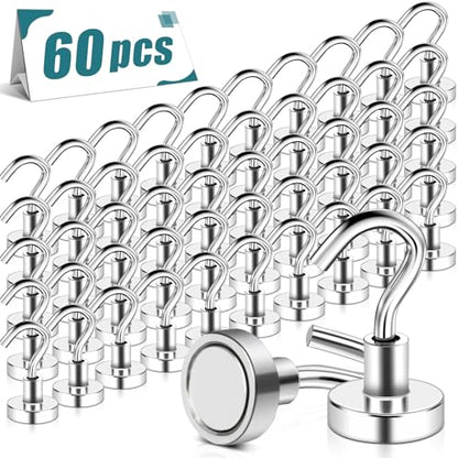 MAGXCENE 60 Pack Magnetic Hooks Heavy Duty, 25 lbs Strong Earth Magnet Hooks for Hanging, Cruise, Refrigerator, Extra Strong Neodymium Magnets with Hooks for Grill Kitchen Tool Storage