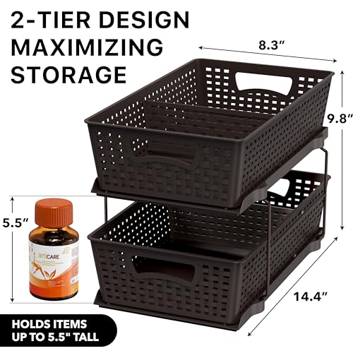 Simple Houseware 2 Tier Pull-Out Sliding Drawer Under Sink Storage, Brown | Great for Kitchen Bathroom Tray Shelf Organizer
