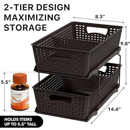Simple Houseware 2 Tier Pull-Out Sliding Drawer Under Sink Storage, Brown | Great for Kitchen Bathroom Tray Shelf Organizer