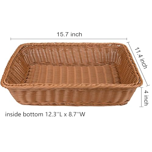 2 Pack Woven Bread Basket, Plastic Wicker Fruit Baskets 15.7 x 11.4 Inch, Imitation Rattan Food Serving Trays for Vegetables, Kitchen, Restaurant, Outdoor, Brown