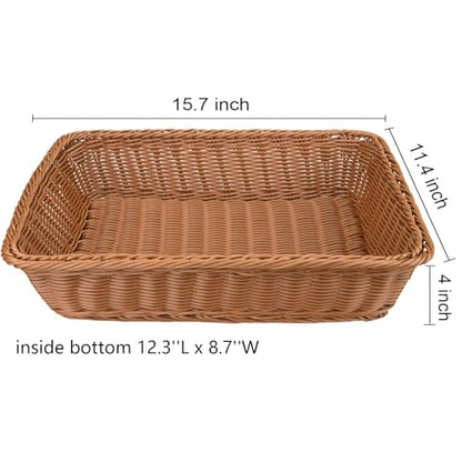 2 Pack Woven Bread Basket, Plastic Wicker Fruit Baskets 15.7 x 11.4 Inch, Imitation Rattan Food Serving Trays for Vegetables, Kitchen, Restaurant, Outdoor, Brown