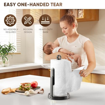 Heavy-Duty Paper Towel Holder with Tension Arm, Countertop(1, Black) | Easy One-Handed Tear, Modern Stainless Steel Countertop Paper Towel Dispenser for Kitchen, Holds Standard and Jumbo Rolls