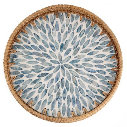 Round Rattan Tray with Mother of Pearl Inlay, Rattan Serving Tray for Coffee, Bread, Fruits, Decorative Wicker Tray for Table Decor, Home Decor, Kitchen Island Decor (Light Blue Leaf, 11.8")
