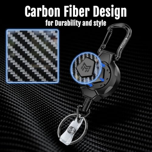 MNGARISTA Heavy Duty Retractable Keychain Lanyard Badge Reel Holder,2PK | ,Carbon Fiber,Can Hold 10+ Keys,31.5" Stainless Steel Cable, Carabiner Clip,For Security and Daily Work Use