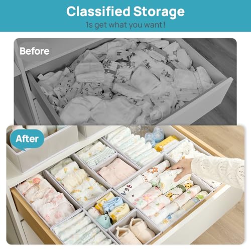 Vtopmart 18 Pack Baby Clothes Organizer, Dresser Drawer Organizer for Baby Clothing, Foldable Fabric Closet Drawer Storage Bins, Dresser Dividers for Bra, Socks, Ties, Scarf