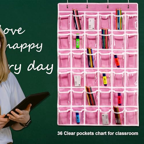 ANSTROUT 36 Clear Pockets Classroom Pocket Chart for Cell Phones, Pocket Chart Organizer for Calculator Holder with 36 Number Sticker Classroom Hanging Cell Phones Organizer (Pink)