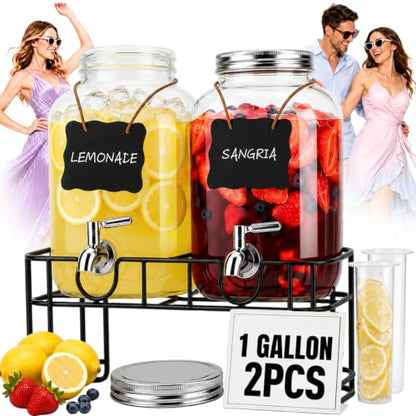 2 PCS 1 Gallon Glass Drink Dispensers for Parties with Stand & Fruit Infuser，Beverage Dispenser for Lemonade, Water, Juice, Iced Tea & Cocktail, Laundry Detergent Dispenser