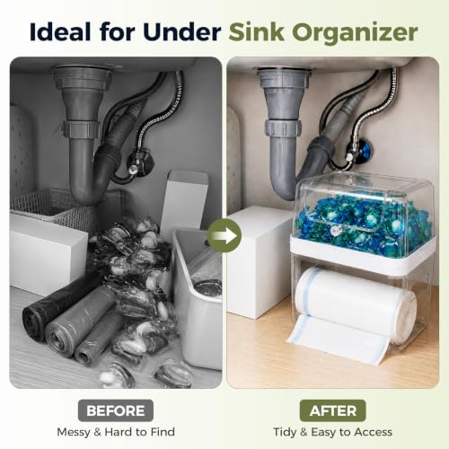 Trash Bag Dispenser & Dishwasher Pod Holder, 3-in-1 Trash Bag Holder Laundry Pods Container with Moisture-Proof Lid, Acrylic Garbage Bag Dispenser for Under Sink Organizer Laundry Room Organization