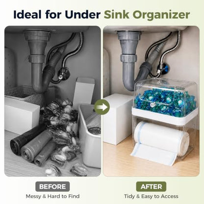 Trash Bag Dispenser & Dishwasher Pod Holder, 3-in-1 Trash Bag Holder Laundry Pods Container with Moisture-Proof Lid, Acrylic Garbage Bag Dispenser for Under Sink Organizer Laundry Room Organization