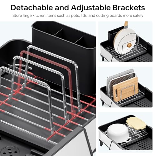 Urackify Large Expandable Dish Drying Rack for Kitchen Counter, Black | Triple Extendable 16.5"-24.2", Stainless Steel Anti-Rust Dish Drainers with Cutlery & Cup Holders for RV, Appartment,