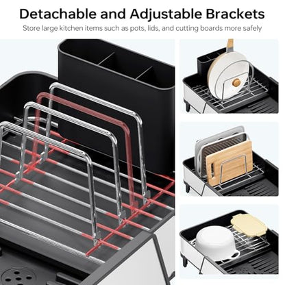 Urackify Large Expandable Dish Drying Rack for Kitchen Counter, Black | Triple Extendable 16.5"-24.2", Stainless Steel Anti-Rust Dish Drainers with Cutlery & Cup Holders for RV, Appartment,