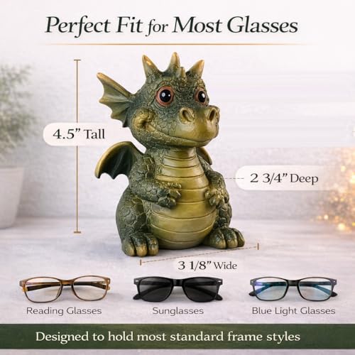 Top Brass Dragon Eyeglasses Holder Stand – Resin Glasses Holder for Desk, Nightstand & Office – 4 ½” Tall Fun Cute Figurine Eyewear Organizer with Soft Pads – Holds Various Types