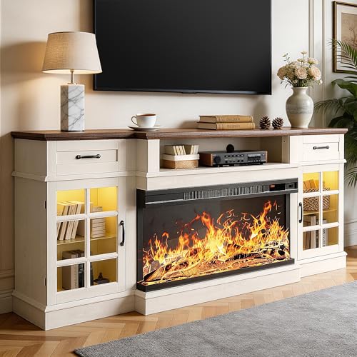 70" Fireplace TV Stand, 3-Sided Glass Fireplace and Modern Entertainment Center, Wooden Media Console with Glass Doors & Storage Drawers, LED Light, for Living Room, Antique White