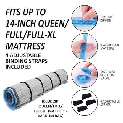 Foam Mattress Vacuum Bag with Blue Zipper, Mattress Storage Bag, Straps Included, Queen/Full/Full-XL