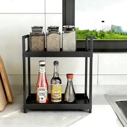 Bathroom Counter Organizer Vanity Storage Countertop Shelf, Small Black | 2 Tier Makeup Organizer Perfume Tray Skincare Holder for Sink, Dresser, Kitchen