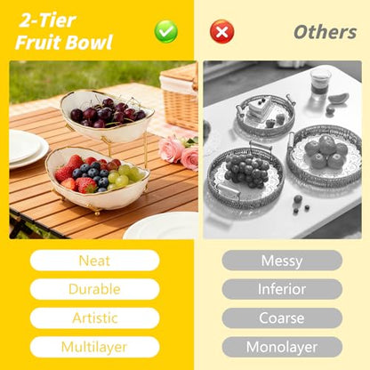 2 Tier Ceramic Fruit Bowl for Kitchen Counter with Metal Rack, Fruit Basket with Stand, Porcelain Bowls for Vegetable Bread Candy Snack Nuts Dessert Cake Tray (Gold 2 layer)