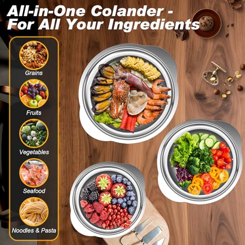 Colander, Stainless Steel Colander for Kitchen, 3Pcs Kitchen Gadget Food Strainer Basket with Handle, Kitchen Strainer Colanders Bowl for Pasta Noodles Spaghetti Vegetables Fruit (2QT, 3QT, 5QT)