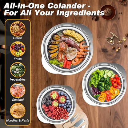 Colander, Stainless Steel Colander for Kitchen, 3Pcs Kitchen Gadget Food Strainer Basket with Handle, Kitchen Strainer Colanders Bowl for Pasta Noodles Spaghetti Vegetables Fruit (2QT, 3QT, 5QT)