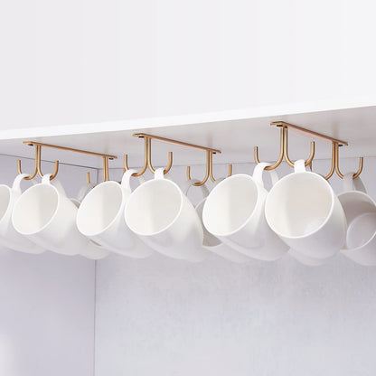 FOMANSH Mug Rack Under Cabinet - Coffee Cup Holder, 12 Mugs Hooks Under Shelf, Display Hanging Cups Drying Hook for Bar Kitchen Utensils Gold