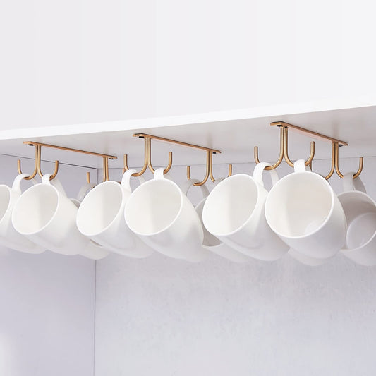 FOMANSH Mug Rack Under Cabinet - Coffee Cup Holder, 12 Mugs Hooks Under Shelf, Display Hanging Cups Drying Hook for Bar Kitchen Utensils Gold