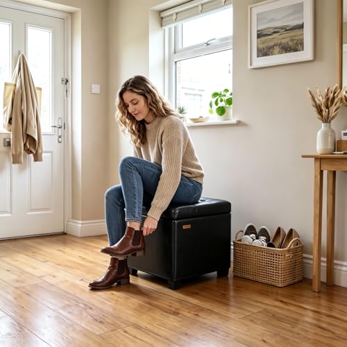 ABHENG Synthetic Leather Cover Steel Frame Ottoman with 48L Storage,17.7" x 17.7" x 17.7" Square Storage Ottoman Stool Cube with Legs,for Dorm Livingroom Black UASND63B