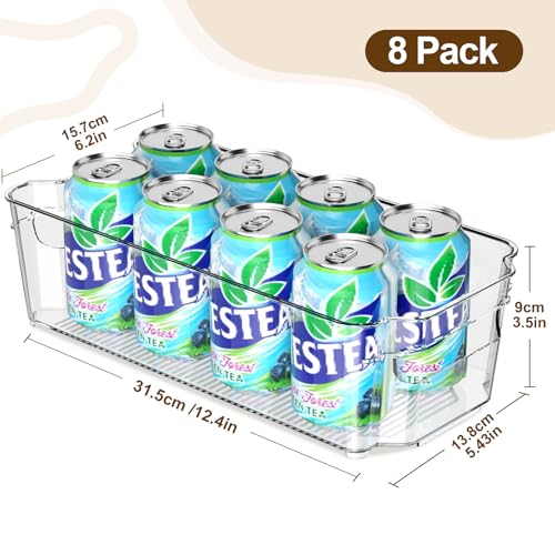 Clear Fridge Organizer, Refrigerator Organizer Bins with Handle, Freezer, Kitchen Cabinet, Pantry Organization, BPA Free Fridge Organizers (12.4 inch 8 Pack)